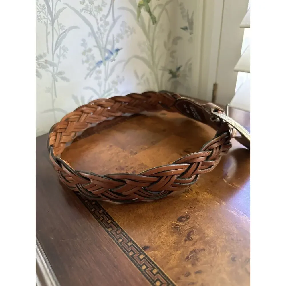 Vintage Brown Wide Weaven Leather Belt Large Silver Plated Buckle M 28-32”